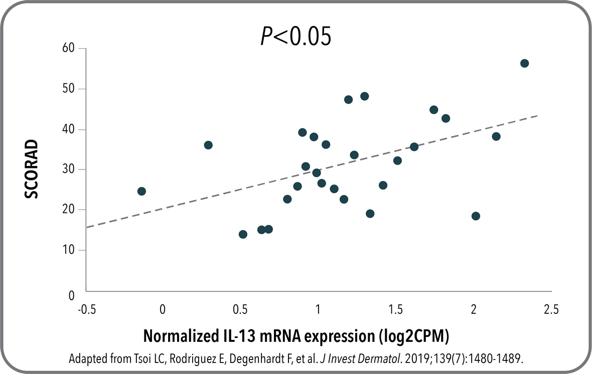 Chart created by ADKeySuspect.com showing IL-13 mRNA expression in lesional skin and correlation with SCORAD